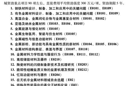 2017年国家自然科学基金工程与材料学部将在以下领域资助重点项目90项