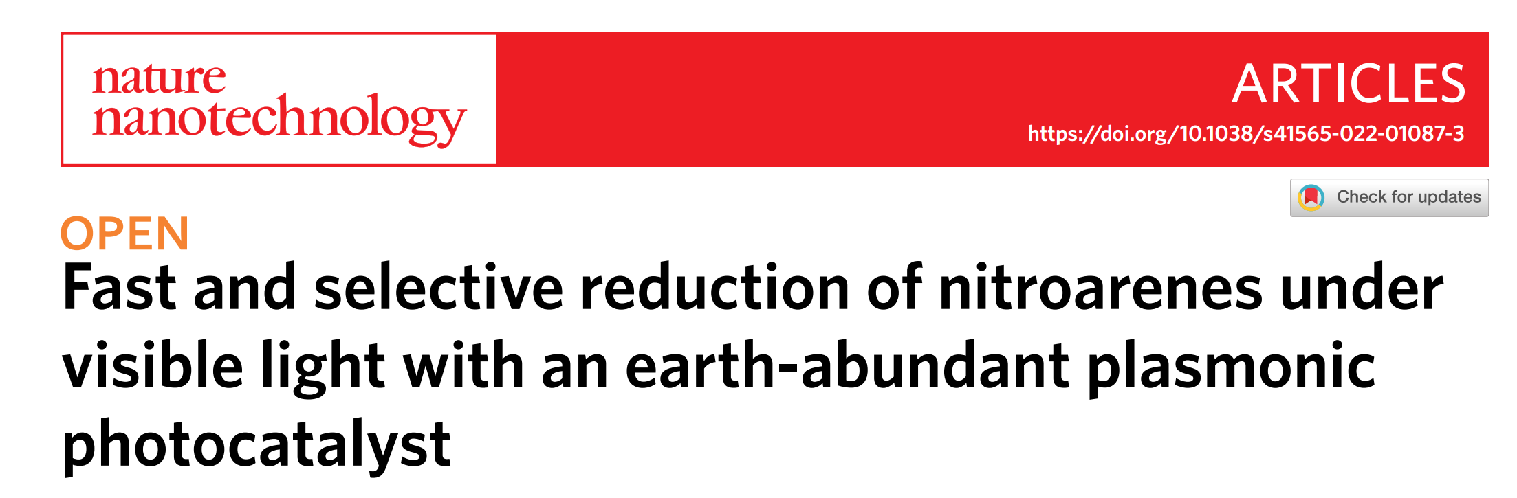 帕拉茨基大学Nature Nanotechnology：等离子体光催化剂在可见光下快速选择性还原硝基芳烃