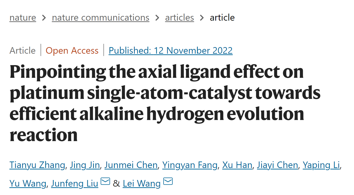 北京化工大学/新加坡国立大学最新Nature Commun.：准确定位铂单原子轴向配体，实现高效碱性HER