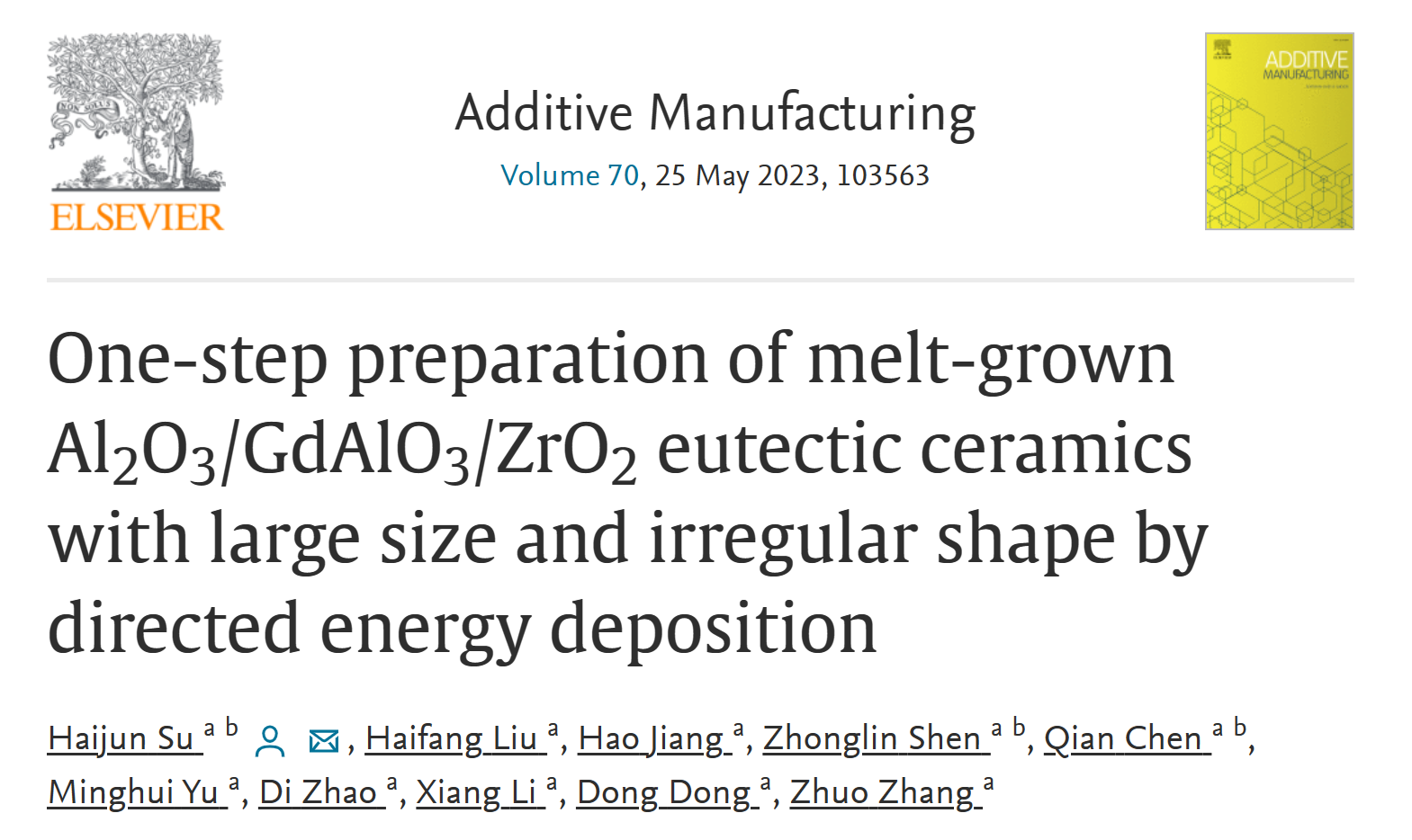 西工大苏海军教授顶刊：定向能量沉积法一步制备大尺寸不规则的熔融生长Al2O3/GdAlO3/ZrO2共晶陶瓷